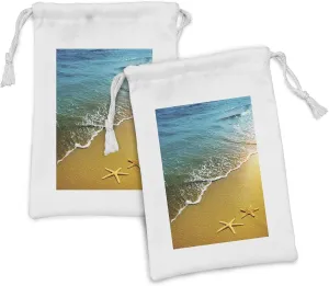 Ambesonne Starfish Fabric Pouch Set of 2, Summer Season Sunset Scenery Shoreline Sand Waves Calm Tranquil Island Paradise, Small Drawstring Bag for Toiletries Masks and Favors, 9" x 6", Multicolor
