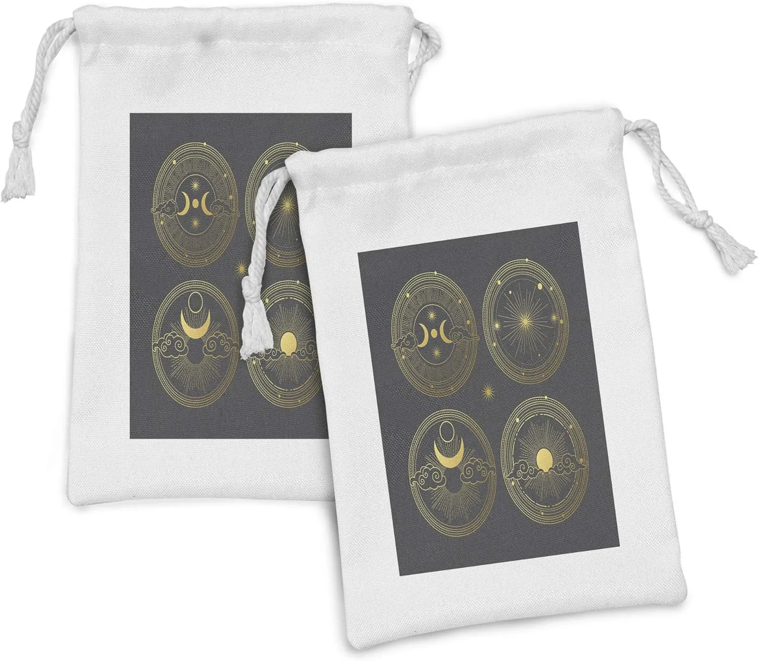 Ambesonne Sun and Moon Fabric Pouch Set of 2, Artwork of 4 Classic Style Cosmic Images Planets and Stars Astronomical, Small Drawstring Bag for Toiletries Masks and Favors, 9" x 6", Grey and Mustard