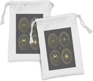 Ambesonne Sun and Moon Fabric Pouch Set of 2, Artwork of 4 Classic Style Cosmic Images Planets and Stars Astronomical, Small Drawstring Bag for Toiletries Masks and Favors, 9" x 6", Grey and Mustard
