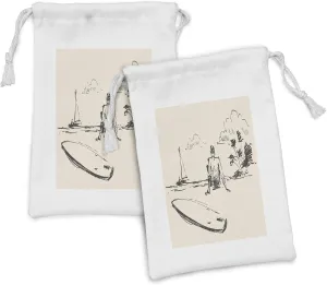 Ambesonne Surfboard Fabric Pouch Set of 2, Hand Sketched Young Man Figure on Beach Coast Alongside Surfing Item, Small Drawstring Bag for Toiletries Masks and Favors, 9" x 6", Eggshell and Dark Taupe