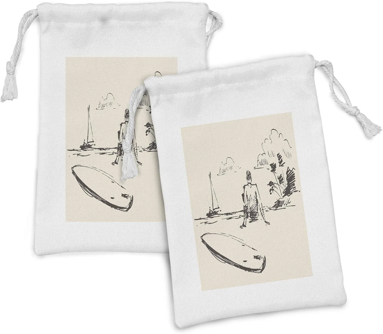 Ambesonne Surfboard Fabric Pouch Set of 2, Hand Sketched Young Man Figure on Beach Coast Alongside Surfing Item, Small Drawstring Bag for Toiletries Masks and Favors, 9" x 6", Eggshell and Dark Taupe