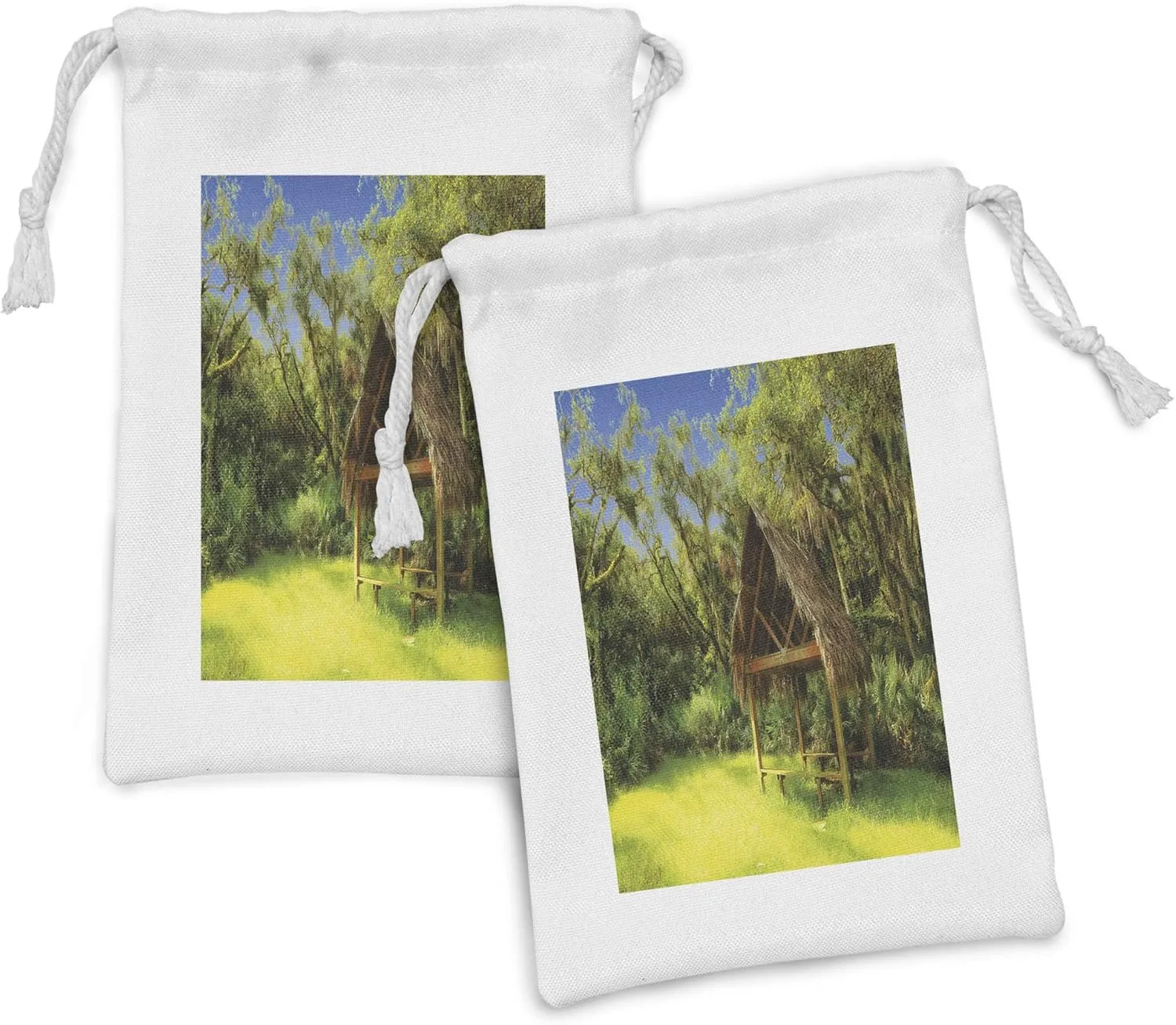 Ambesonne Tiki Bar Fabric Pouch Set of 2, Tiki Hut in Dreamy Fantasy Forest Tropical Island Wildlife Greenery Art, Small Drawstring Bag for Toiletries Masks and Favors, 9" x 6", Green Blue Brown