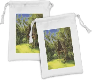 Ambesonne Tiki Bar Fabric Pouch Set of 2, Tiki Hut in Dreamy Fantasy Forest Tropical Island Wildlife Greenery Art, Small Drawstring Bag for Toiletries Masks and Favors, 9" x 6", Green Blue Brown