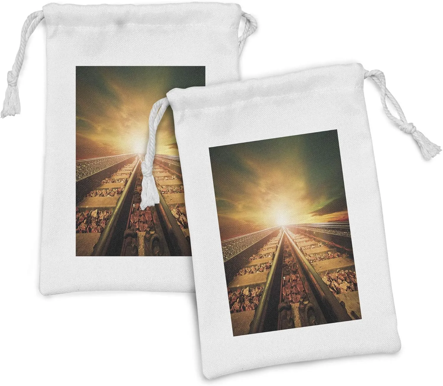 Ambesonne Train Track Fabric Pouch Set of 2, Perspective Photography of Junction of Railways with Dramatic Sky, Small Drawstring Bag for Toiletries Masks and Favors, 9" x 6", Multicolor