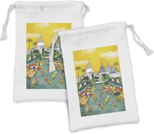 Ambesonne Travel Fabric Pouch Set of 2, Vertical Illustration of a Historic Monument and People Cruising Touristic, Small Drawstring Bag for Toiletries Masks and Favors, 9" x 6", Multicolor