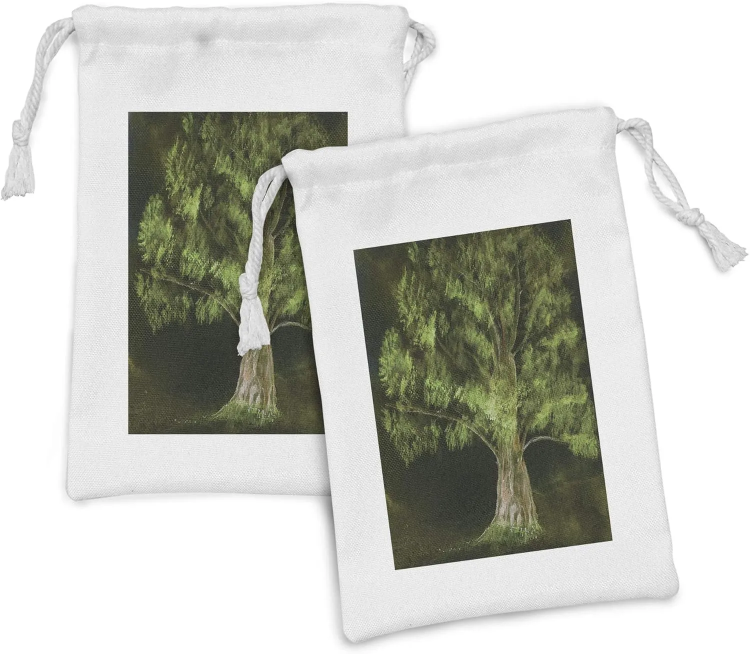 Ambesonne Tree Fabric Pouch Set of 2, Dark Forest Scene of a Nature Silhouette Fine Art Painting Print Art, Small Drawstring Bag for Toiletries Masks and Favors, 9" x 6", Evergreen and Lime Green