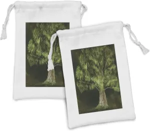 Ambesonne Tree Fabric Pouch Set of 2, Dark Forest Scene of a Nature Silhouette Fine Art Painting Print Art, Small Drawstring Bag for Toiletries Masks and Favors, 9" x 6", Evergreen and Lime Green