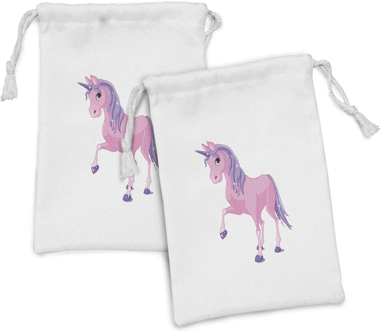 Ambesonne Unicorn Party Fabric Pouch Set of 2, Dreamy Horse with Starry Magic Mane Tail and Horn Print, Small Drawstring Bag for Toiletries Masks and Favors, 9" x 6", Pink Lavender White