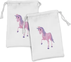 Ambesonne Unicorn Party Fabric Pouch Set of 2, Dreamy Horse with Starry Magic Mane Tail and Horn Print, Small Drawstring Bag for Toiletries Masks and Favors, 9" x 6", Pink Lavender White