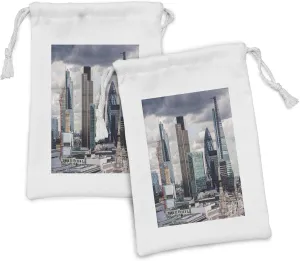 Ambesonne Urban Fabric Pouch Set of 2, London England Skyline Buildings and Skyscrapers and Cloudy Sky Modern Capital City, Small Drawstring Bag for Toiletries Masks and Favors, 9" x 6", Multicolor