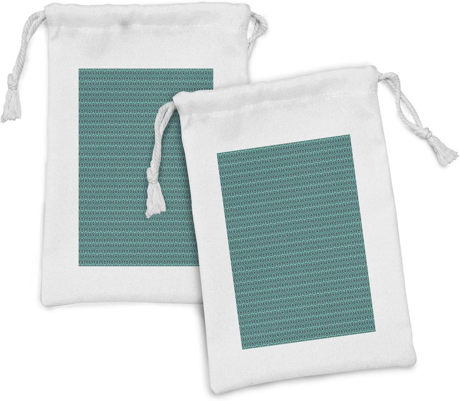 Ambesonne Vibrant Fabric Pouch Set of 2, Repetitive Peacock Feather Inspired Abstract Illustration, Small Drawstring Bag for Toiletries Masks and Favors, 9" x 6", Quartz Dark Seafoam