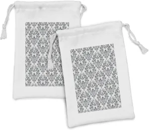 Ambesonne Victorian Fabric Pouch Set of 2, Floral Ornament Damask Flourishes Classics Silhouette Symbolic Artwork, Small Drawstring Bag for Toiletries Masks and Favors, 9" x 6", Beige Grey