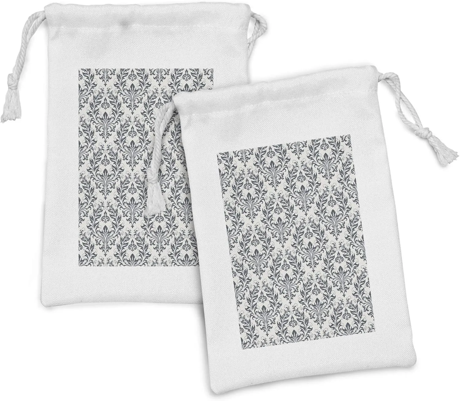 Ambesonne Victorian Fabric Pouch Set of 2, Floral Ornament Damask Flourishes Classics Silhouette Symbolic Artwork, Small Drawstring Bag for Toiletries Masks and Favors, 9" x 6", Beige Grey