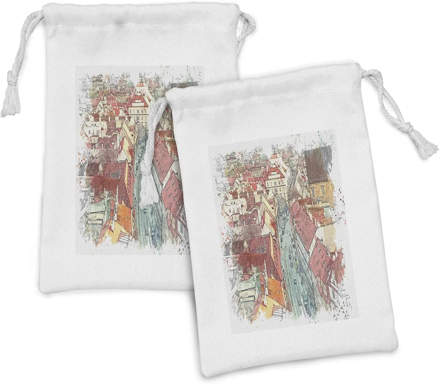 Ambesonne Watercolor Fabric Pouch Set of 2, City Scene from Prague Street with Cars and Houses, Small Drawstring Bag for Toiletries Masks and Favors, 9" x 6", Almond Green Multicolor