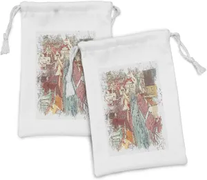 Ambesonne Watercolor Fabric Pouch Set of 2, City Scene from Prague Street with Cars and Houses, Small Drawstring Bag for Toiletries Masks and Favors, 9" x 6", Almond Green Multicolor