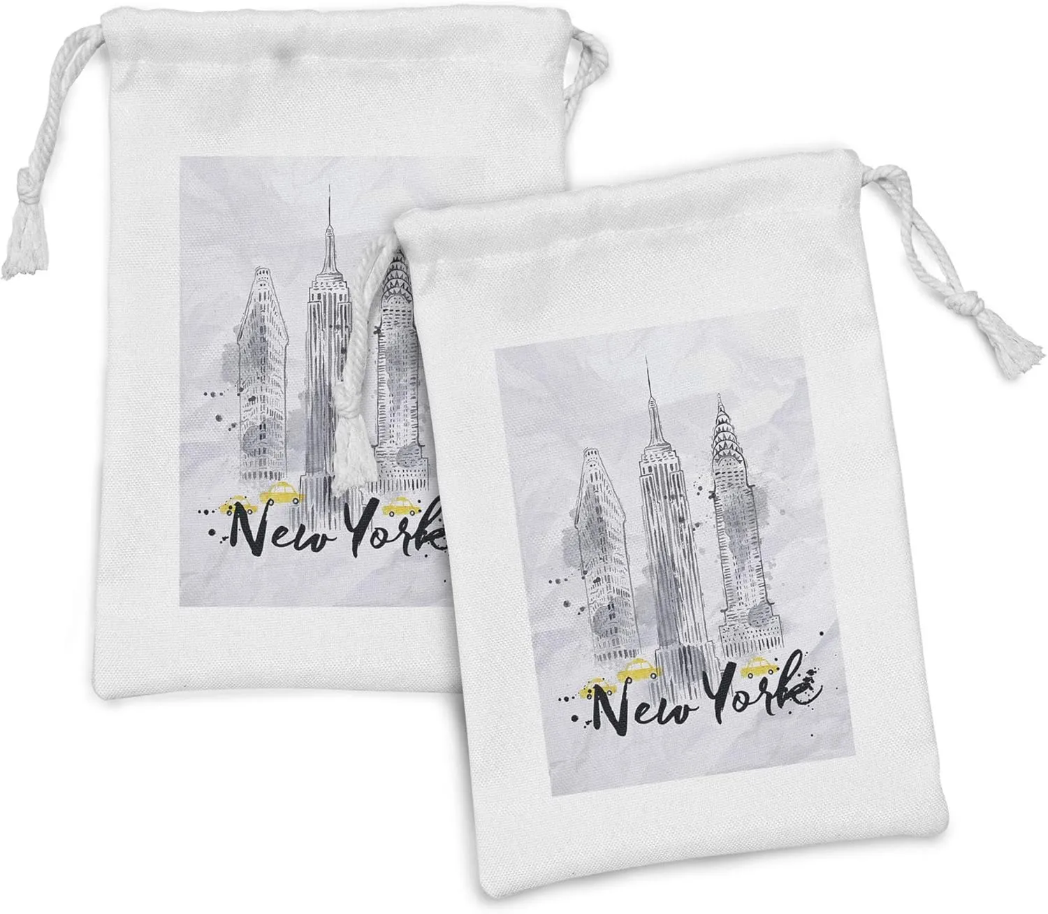 Ambesonne Watercolor Fabric Pouch Set of 2, Skyscrapers of NYC American Architecture Sketch with Aquarelle Look Details New York, Small Drawstring Bag for Toiletries Masks and Favors, 9" x 6",