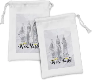 Ambesonne Watercolor Fabric Pouch Set of 2, Skyscrapers of NYC American Architecture Sketch with Aquarelle Look Details New York, Small Drawstring Bag for Toiletries Masks and Favors, 9" x 6",