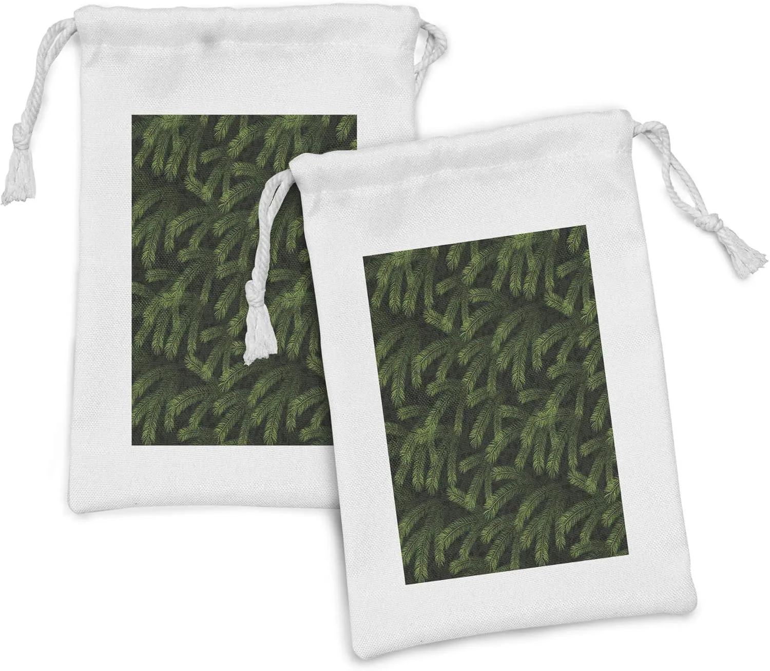 Ambesonne Winter Fabric Pouch Set of 2, Vivid Fir Pine Branches Trees Coniferous Trees Evergreen Nature Forest, Small Drawstring Bag for Toiletries Masks and Favors, 9" x 6", Green Dark Green Caramel