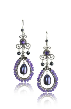 Amethyst, Pearl & Black Onyx Silver Statement Earrings