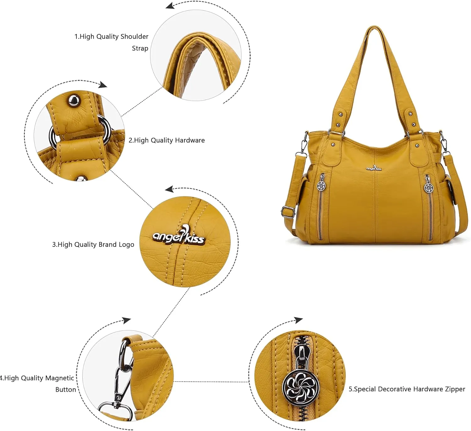 Angel Kiss Handbags for Womens Top-Handle Hobo Purse Roomy Casual Shoulder Bags PU Tote Satchel Purse for Women