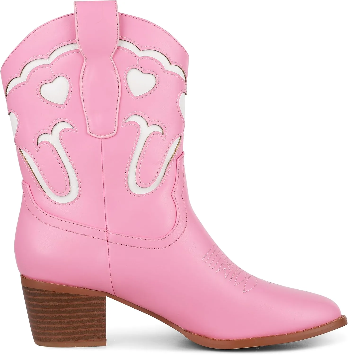 AOSPHIRAYLIAN Women's Pink Cowgirl Ankle Heart Cowboy Boots Pull On Round Toe Embroidered Chunky Western Party Dress Boots Ladies