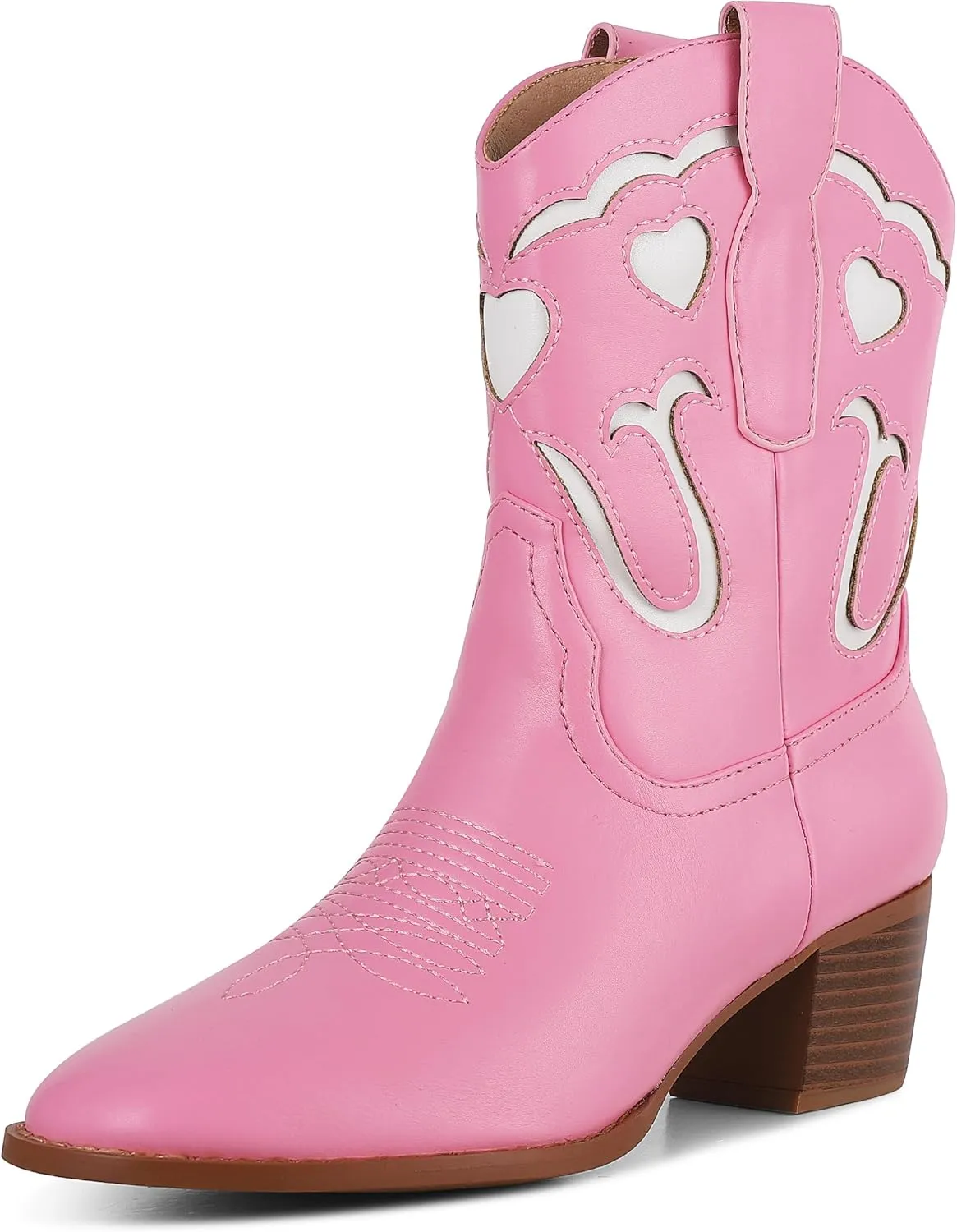 AOSPHIRAYLIAN Women's Pink Cowgirl Ankle Heart Cowboy Boots Pull On Round Toe Embroidered Chunky Western Party Dress Boots Ladies