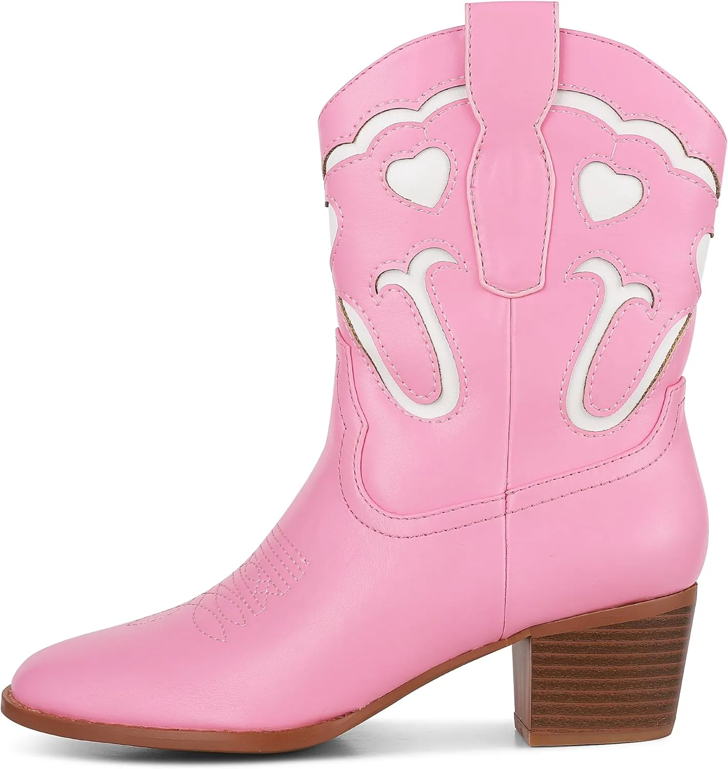 AOSPHIRAYLIAN Women's Pink Cowgirl Ankle Heart Cowboy Boots Pull On Round Toe Embroidered Chunky Western Party Dress Boots Ladies