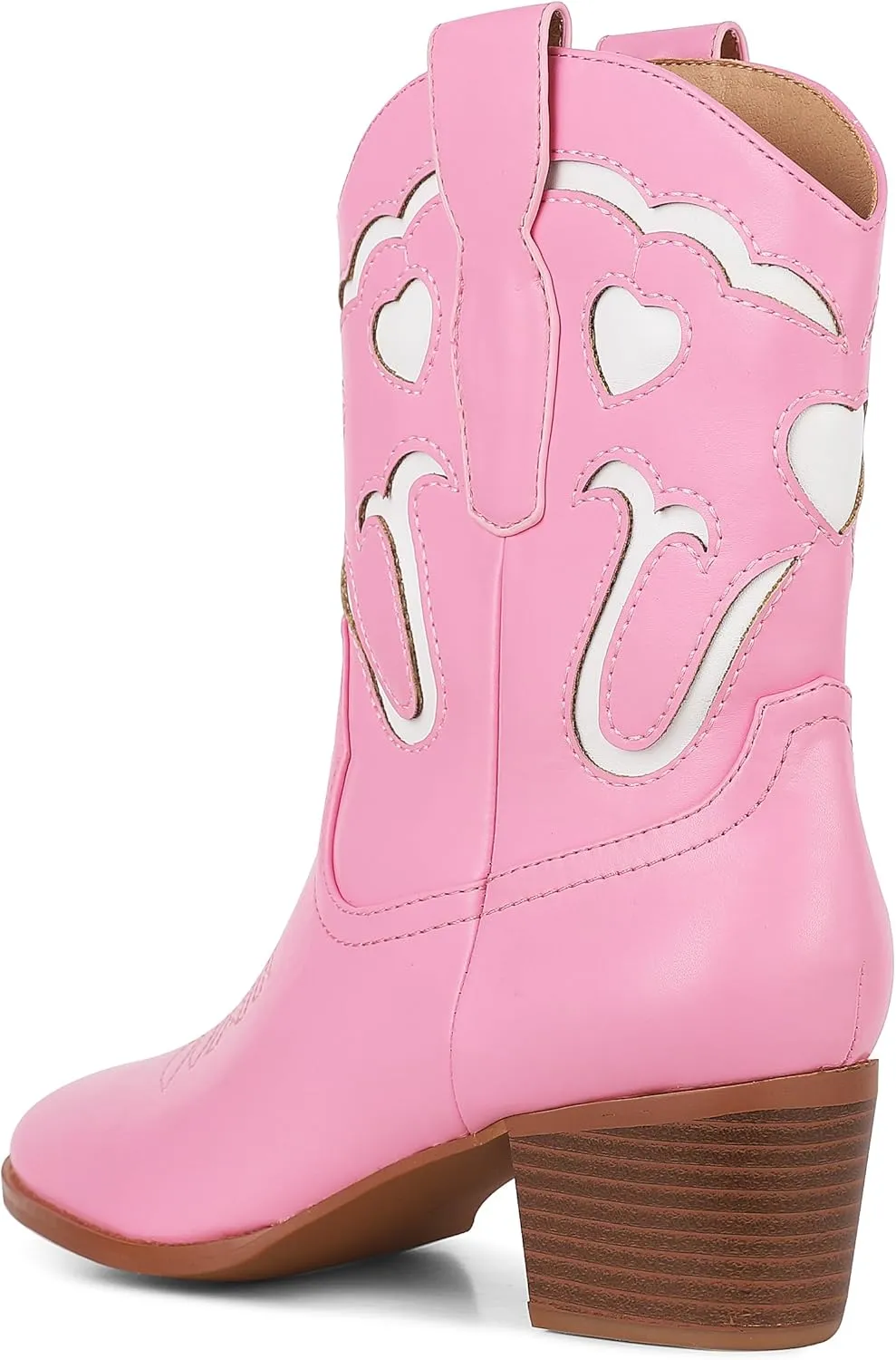 AOSPHIRAYLIAN Women's Pink Cowgirl Ankle Heart Cowboy Boots Pull On Round Toe Embroidered Chunky Western Party Dress Boots Ladies
