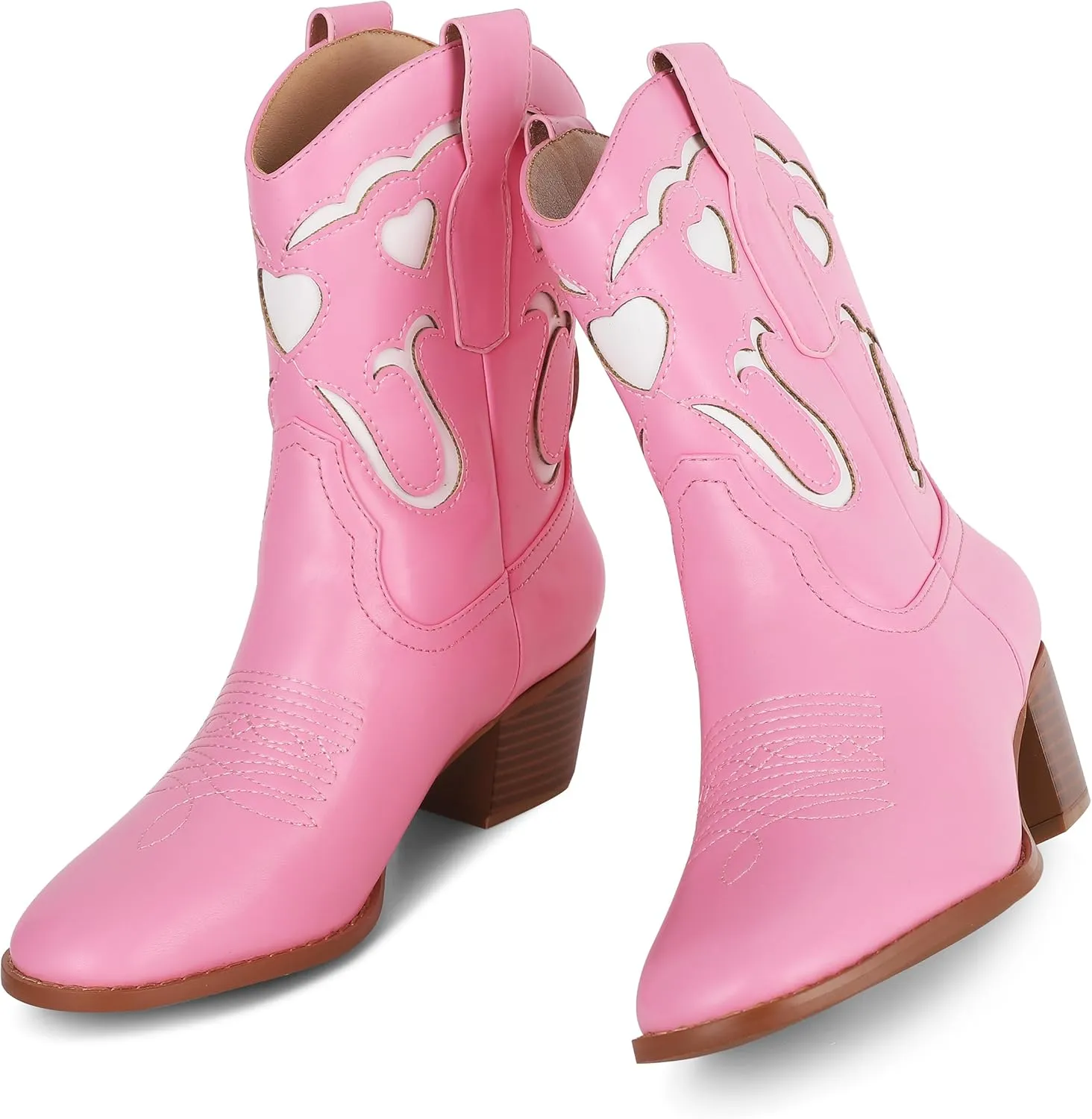 AOSPHIRAYLIAN Women's Pink Cowgirl Ankle Heart Cowboy Boots Pull On Round Toe Embroidered Chunky Western Party Dress Boots Ladies