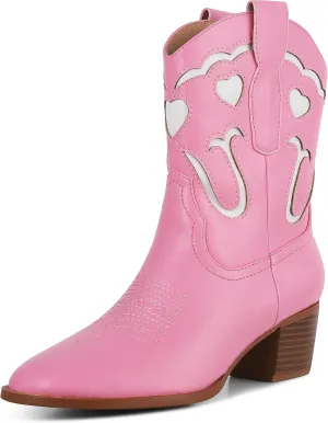 AOSPHIRAYLIAN Women's Pink Cowgirl Ankle Heart Cowboy Boots Pull On Round Toe Embroidered Chunky Western Party Dress Boots Ladies