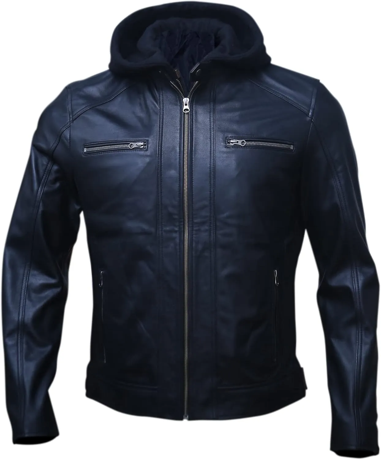 Artistry Mens Genuine Lambskin Leather Motorcycle Jacket with Removable Hood in Black Brown