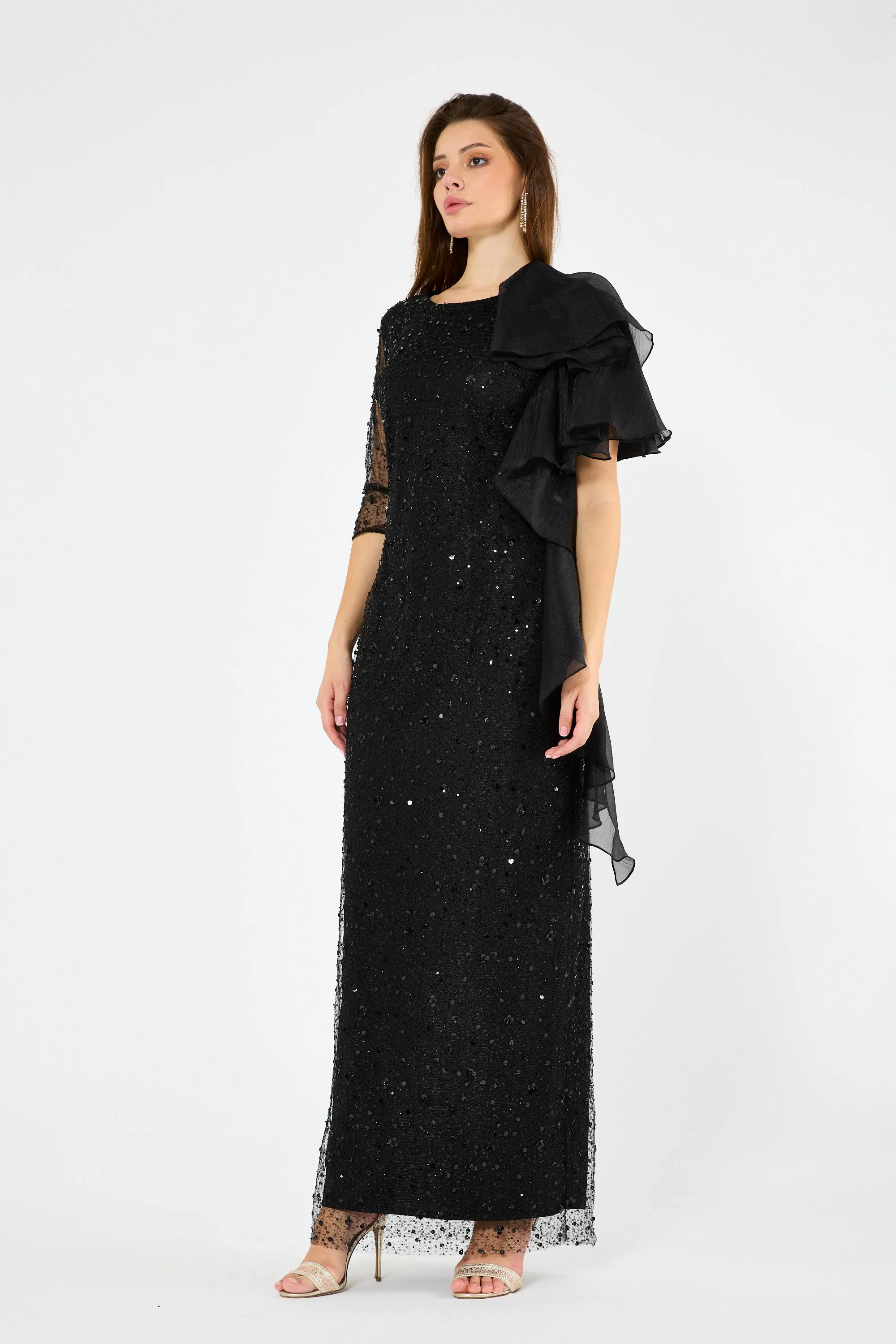 Asymmetric Draped Embellished Ruffle Gown