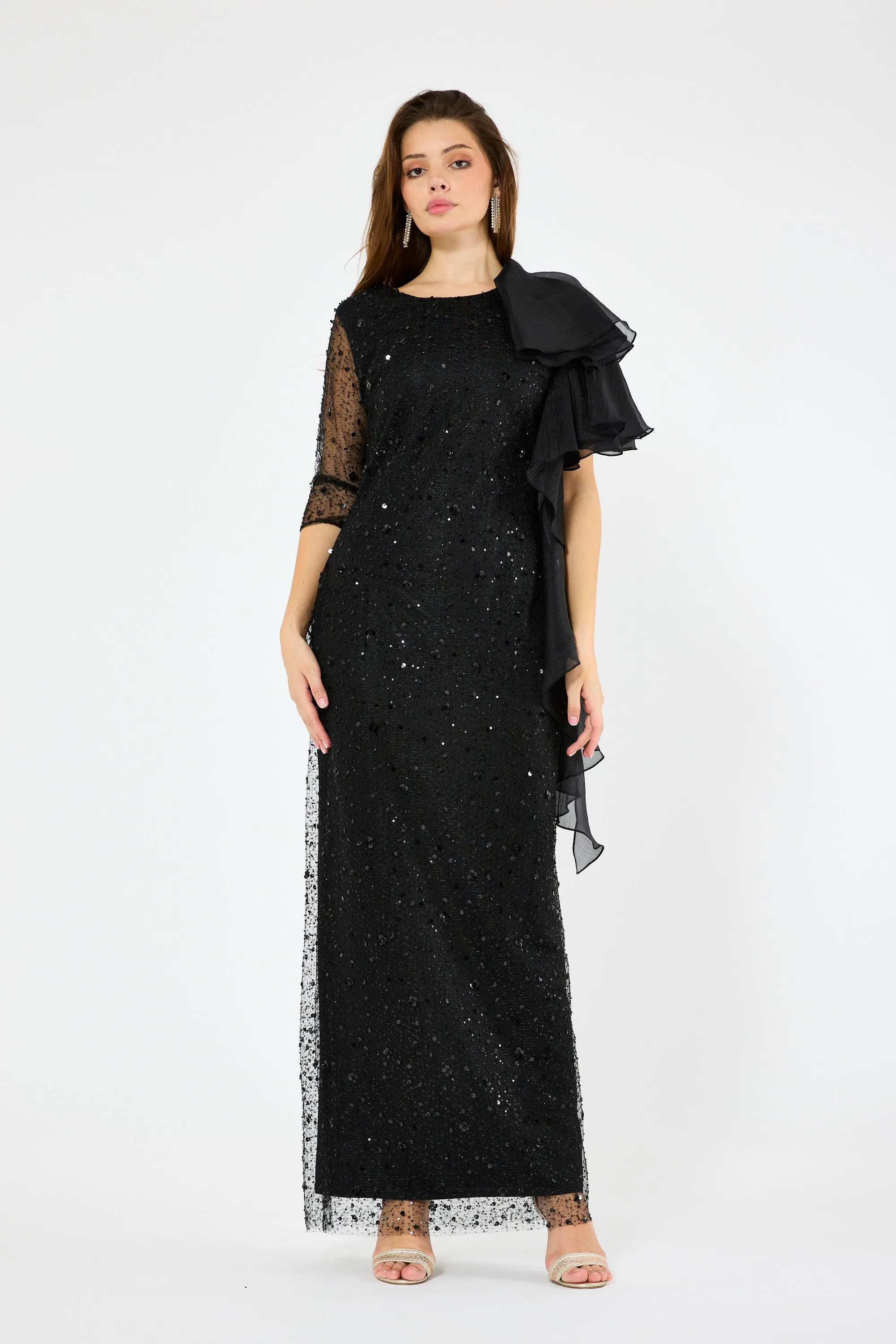 Asymmetric Draped Embellished Ruffle Gown