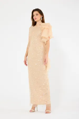 Asymmetric Draped Embellished Ruffle Gown