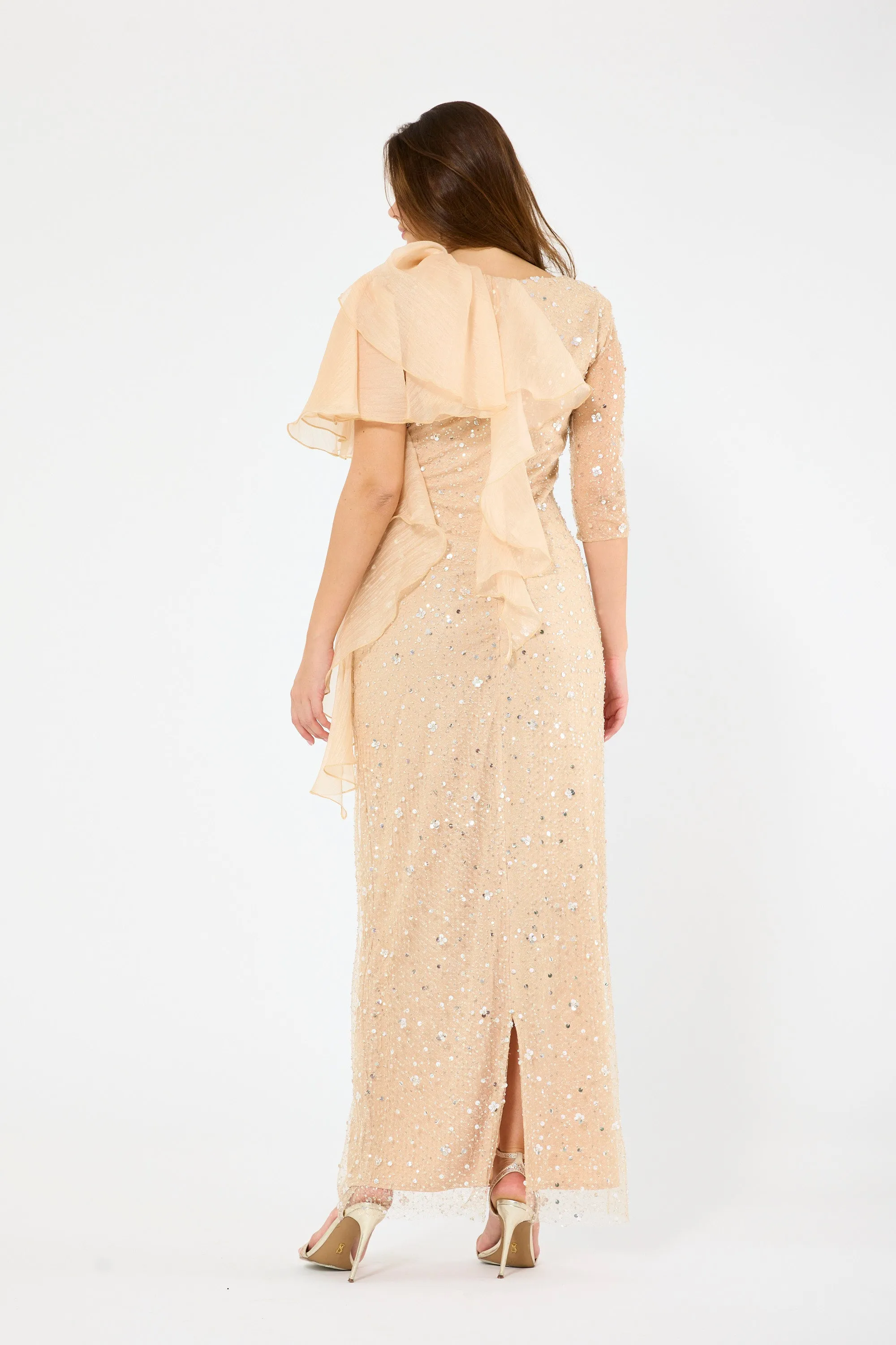 Asymmetric Draped Embellished Ruffle Gown