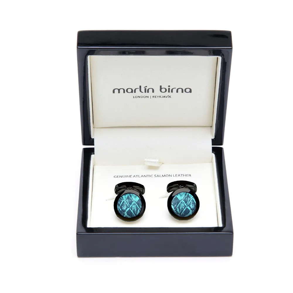 Atlantic Salmon Leather Cufflinks Black-Tone ▪ Blue/Blue Metallic