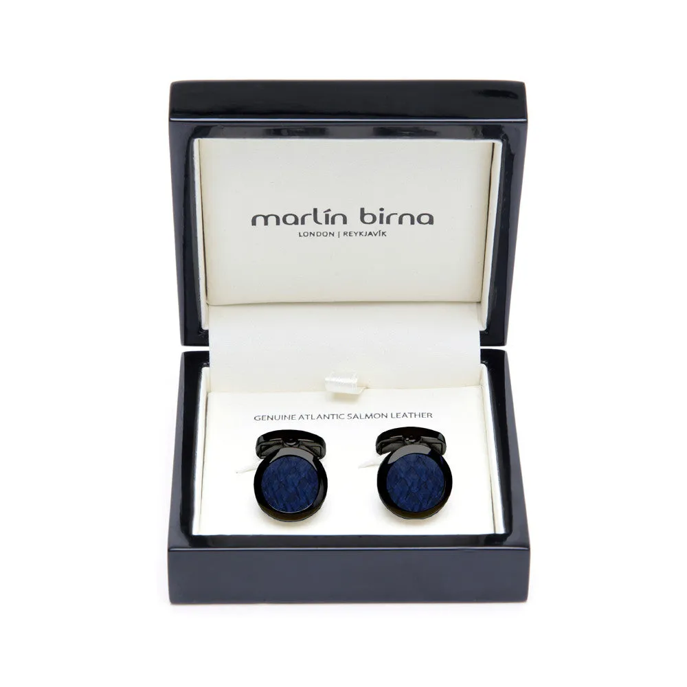 Atlantic Salmon Leather Cufflinks Black-Tone ▪ Dark Blue