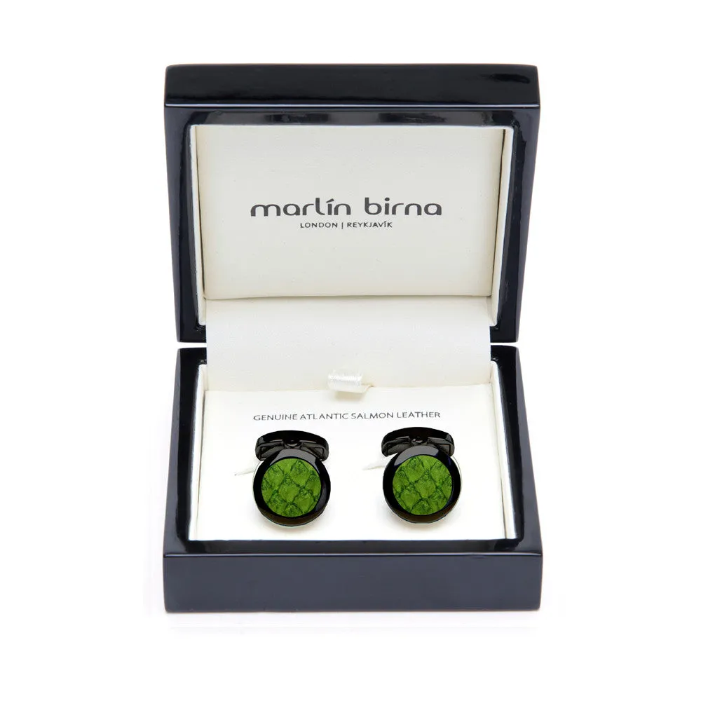 Atlantic Salmon Leather Cufflinks Black-Tone ▪ Olive Green