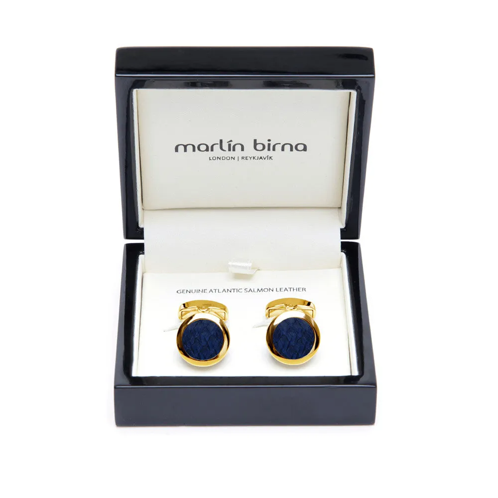 Atlantic Salmon Leather Cufflinks Gold-Tone ▪ Dark Blue