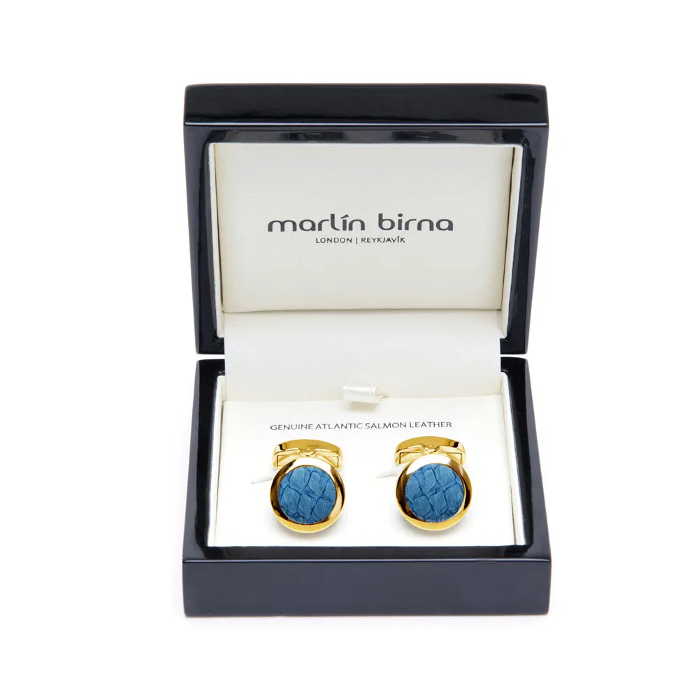 Atlantic Salmon Leather Cufflinks Gold-Tone ▪ Light Blue