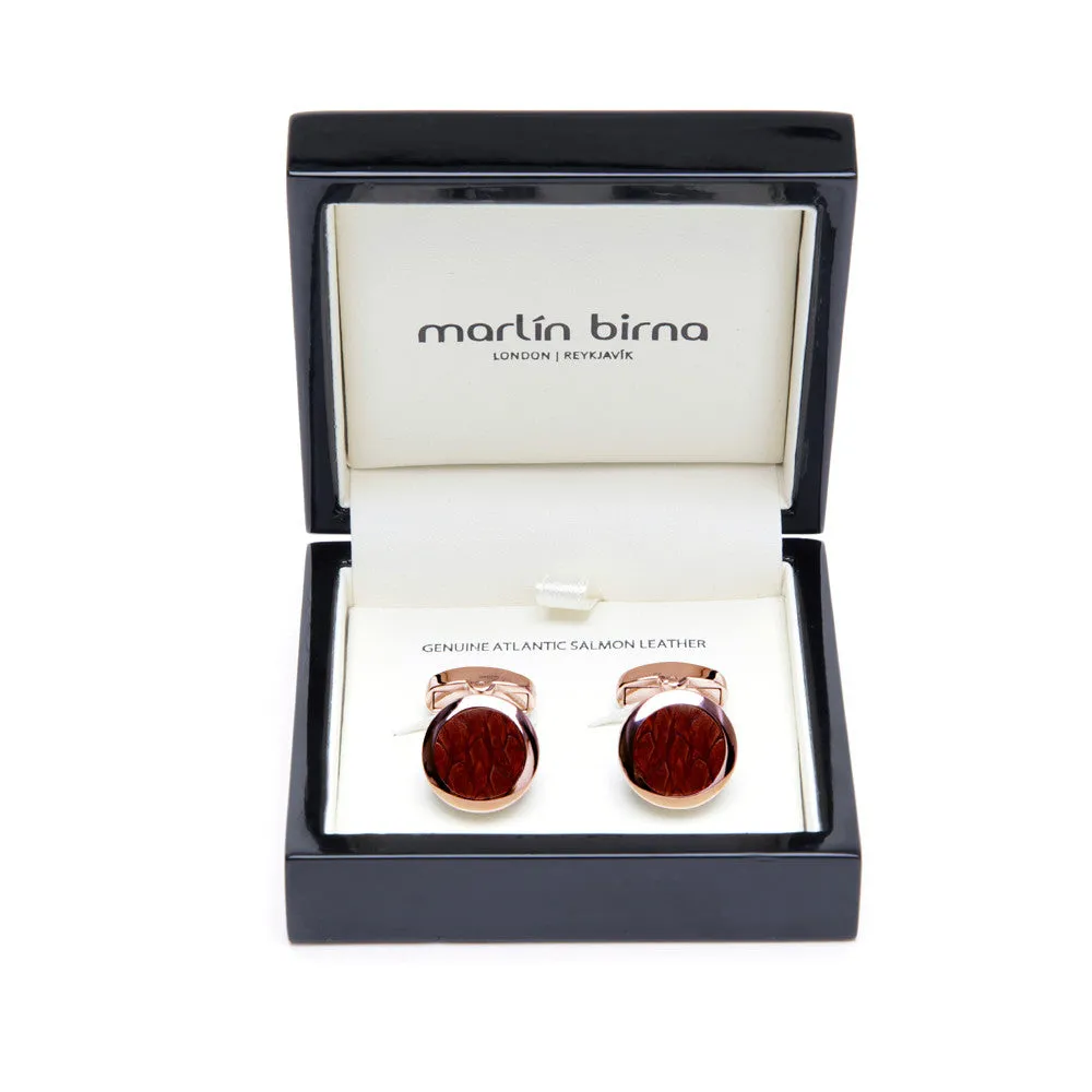 Atlantic Salmon Leather Cufflinks Rose Gold-Tone ▪ Cognac