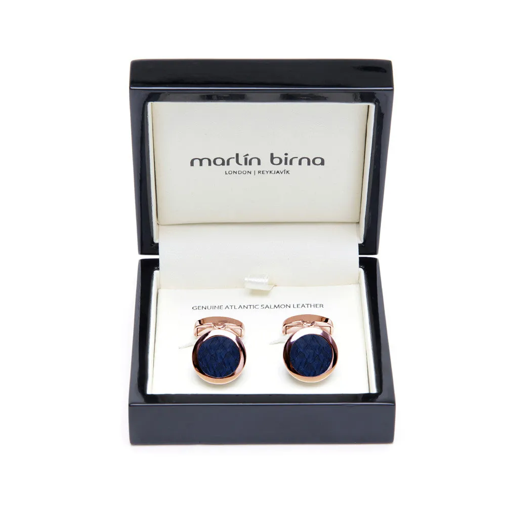 Atlantic Salmon Leather Cufflinks Rose Gold-Tone ▪ Dark Blue