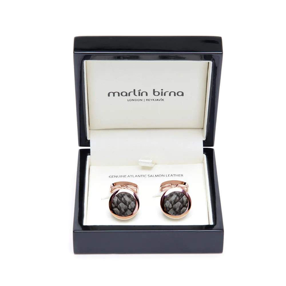 Atlantic Salmon Leather Cufflinks Rose Gold-Tone ▪ Grey