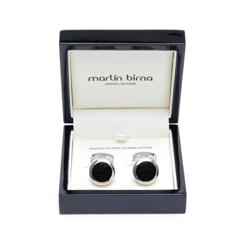 Atlantic Salmon Leather Cufflinks Silver-Tone ▪ Black