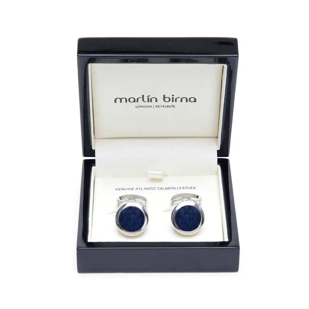 Atlantic Salmon Leather Cufflinks Silver-Tone ▪ Dark Blue