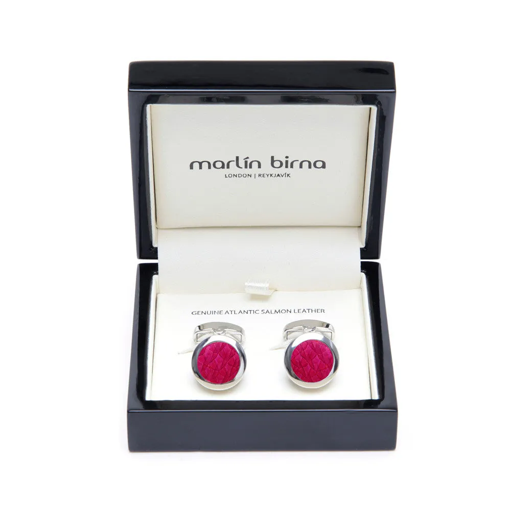 Atlantic Salmon Leather Cufflinks Silver-Tone ▪ Fuchsia