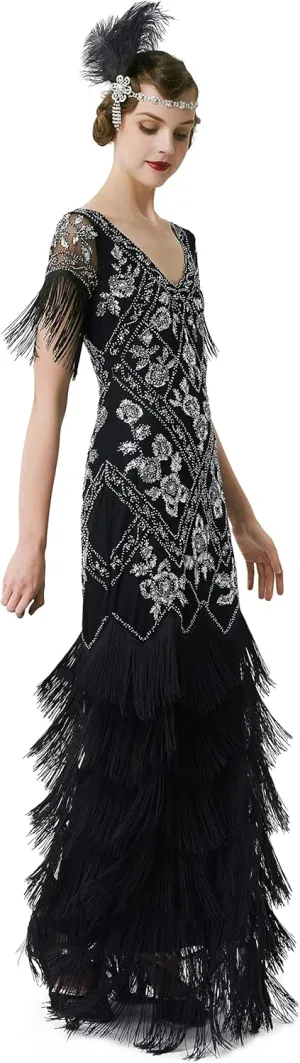 BABEYOND Women's Flapper Dress 1920s V-Neck Evening Gown Sequin Beaded Maxi Dress for Wedding Black Silver