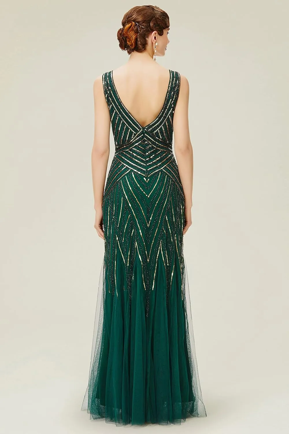 BABEYOND Women's Flapper Dress 1920s V-Neck Evening Gown Sequin Beaded Maxi Dress for Wedding Green Gold