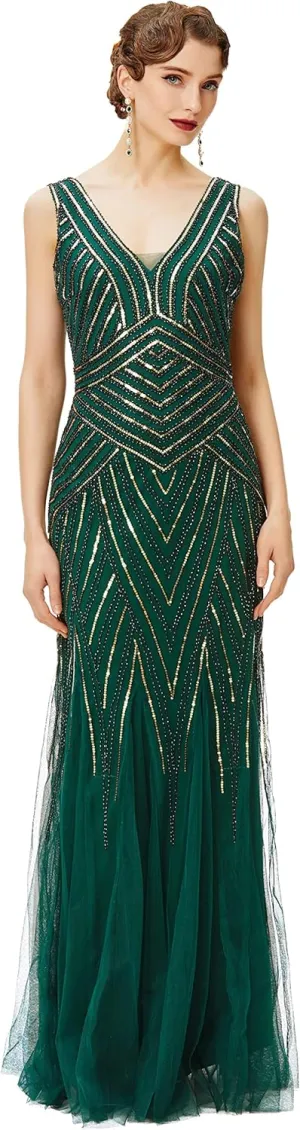 BABEYOND Women's Flapper Dress 1920s V-Neck Evening Gown Sequin Beaded Maxi Dress for Wedding Green Gold