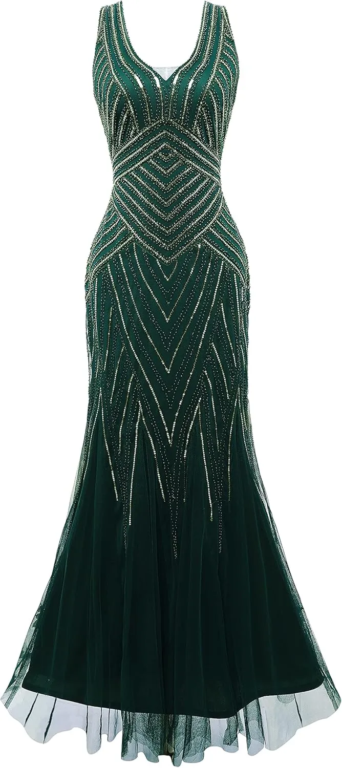 BABEYOND Women's Flapper Dress 1920s V-Neck Evening Gown Sequin Beaded Maxi Dress for Wedding Green Gold